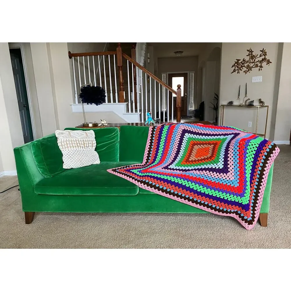 vintage 70s RAINBOW Cut Out AFGHAN colorful squares blanket groovy home decor